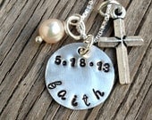 Custom  hand stamped charm necklace 5/8 inch sterling silver with pearl and cross