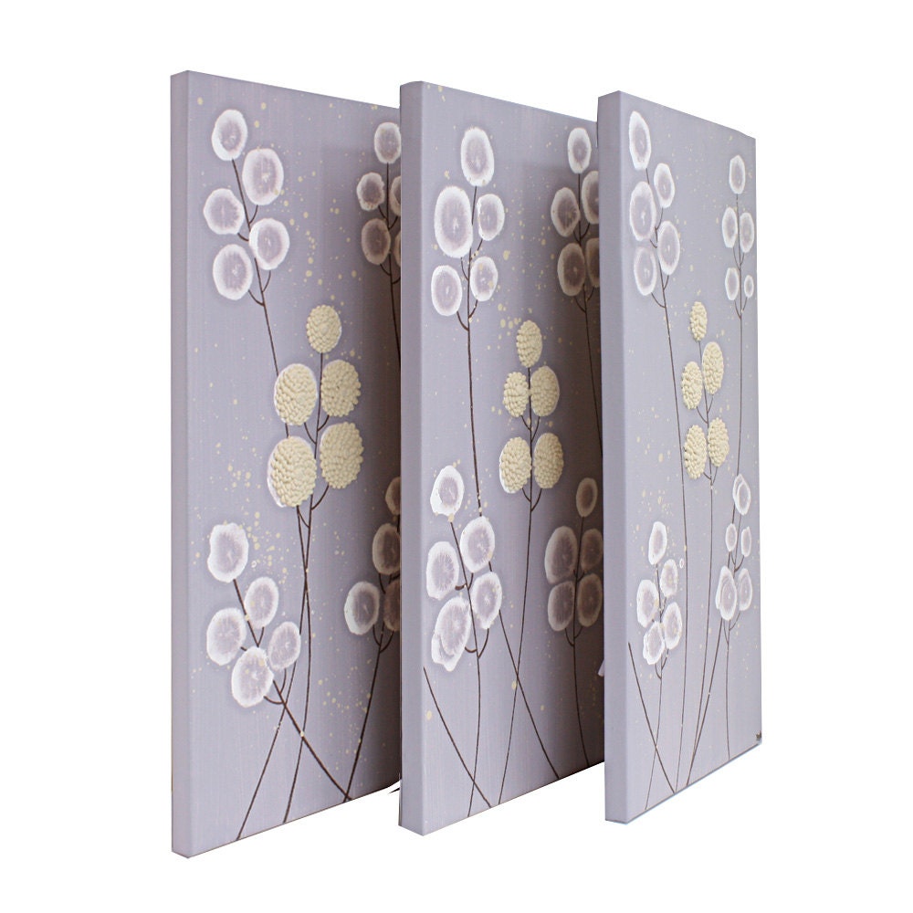 Purple Nursery Wall Art - Textured Flower Painting - Medium 32X20 Triptych Canvas