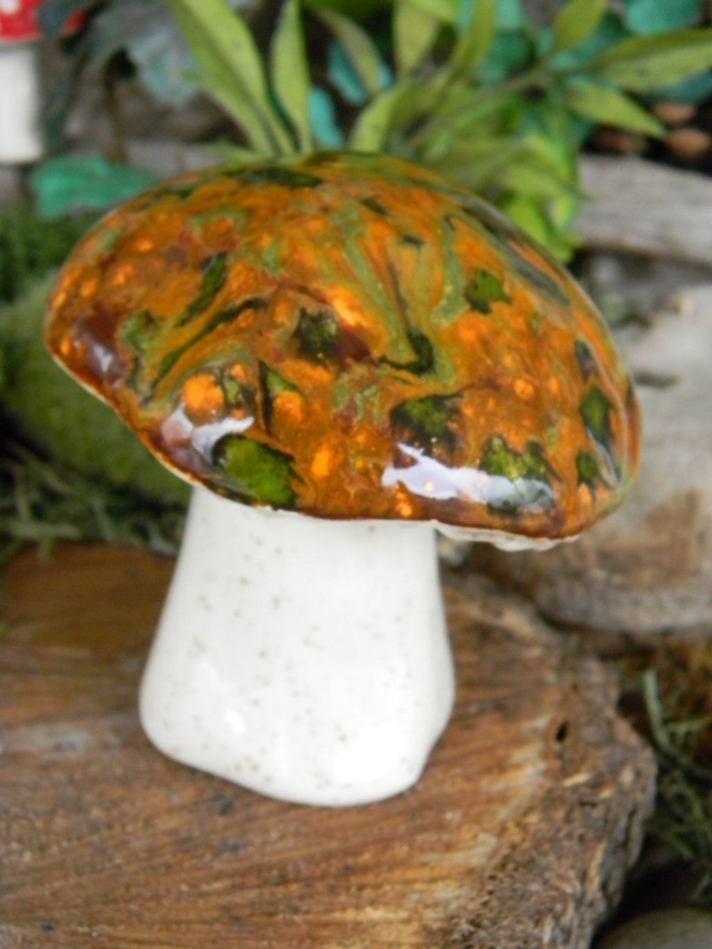 Wild Brown Orange greenish  Pottery  MUSHROOM Statue ......   Poison only if ...eaten