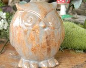 Ceramic  Glazed OWL   ...Owlet baby Hooter - Collectible Horned Owl - Brown pottery blue Hoots