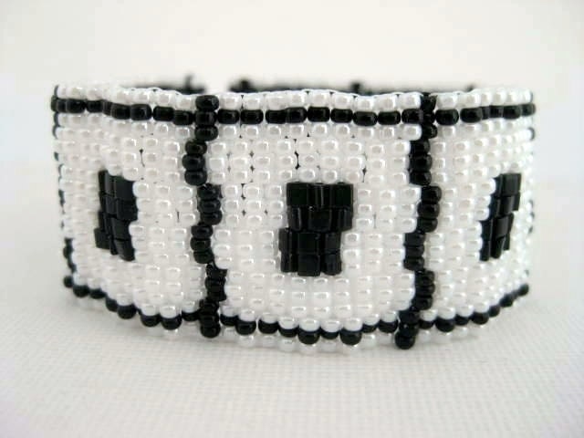 Peyote Bracelet in Black and White Seed Bead Cuff Beaded Beadwork