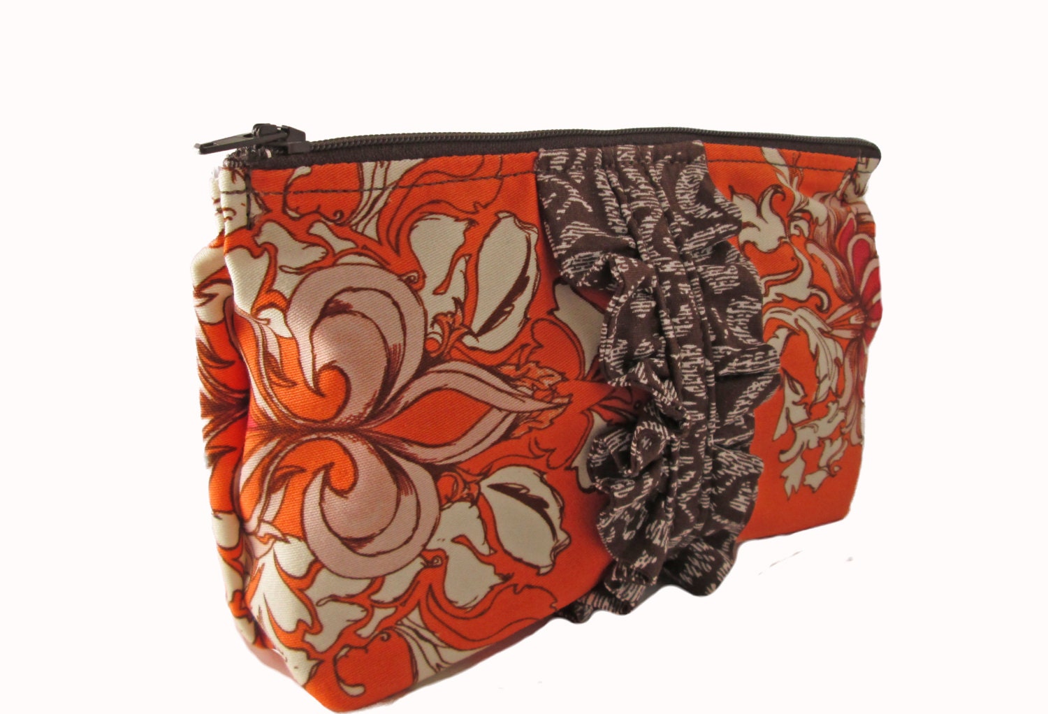Small Zipper Pouch with Ruffle - Handmade Cosmetics Bag, Travel Accessory, Make up Bag,