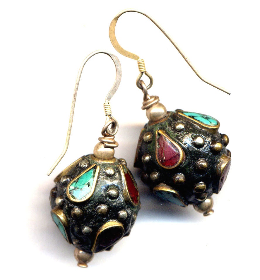 Nepal Earrings, Turquoise and Coral  Earrings, Nepal Beads on Sterling Silver Ear wire, Ethnic Earrings, Handmade Nepal Jewelry by AnnaArt72