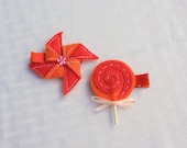 Sassy Sherbet Clippie Set, Pink and Orange Pinwheel and Lollipop Hair Clips