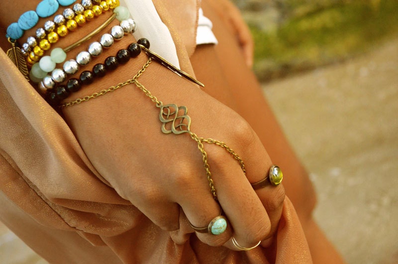 Slave Bracelet Hand Bracelet  Piece Swirl Charm Hipster Bronze Chain Bohemian Hand Jewelry