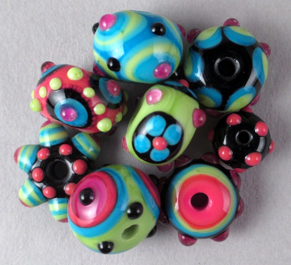 Set of 8 Handmade Lampwork Art Glass Beads by Patti Cahill, sra -- Funky color scheme
