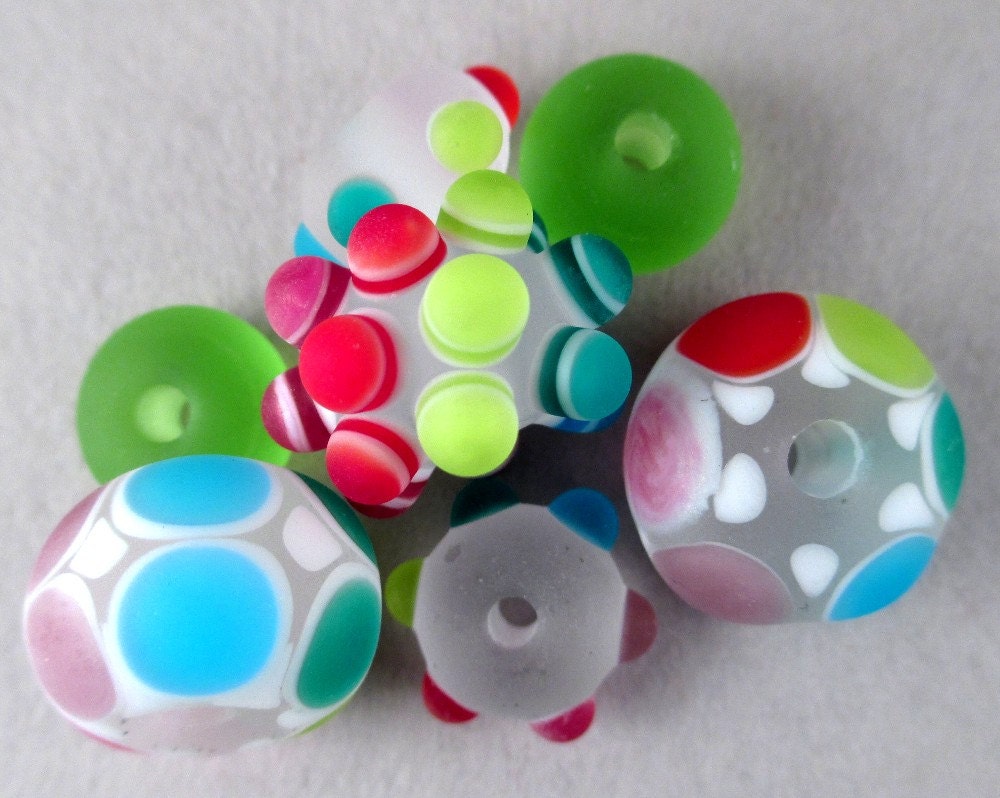 Set of 7 Handmade Lampwork Beads by Patti Cahill, sra -- Frosty Rainbow color scheme with knobby focal