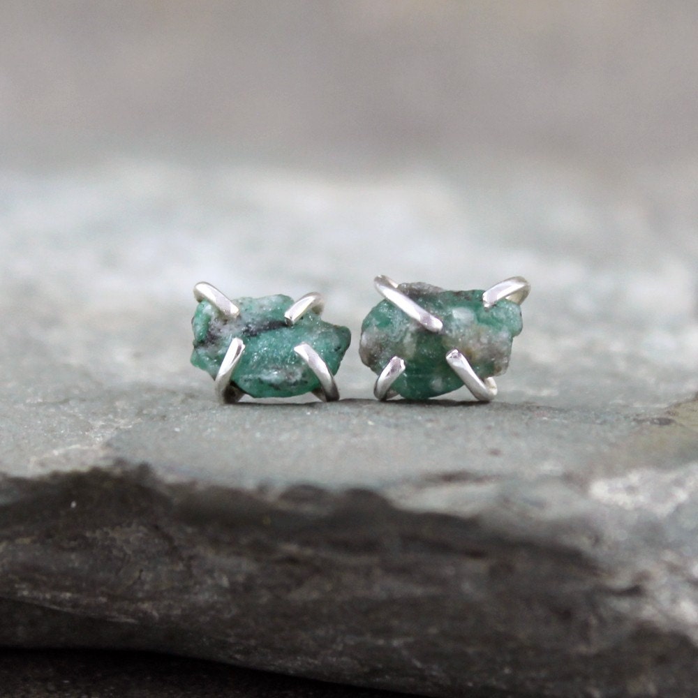 Uncut Raw Rough Emerald Earrings - Sterling Silver Stud Style - Rustic Oval Shape - Raw Green Gemstone - May Birthstone