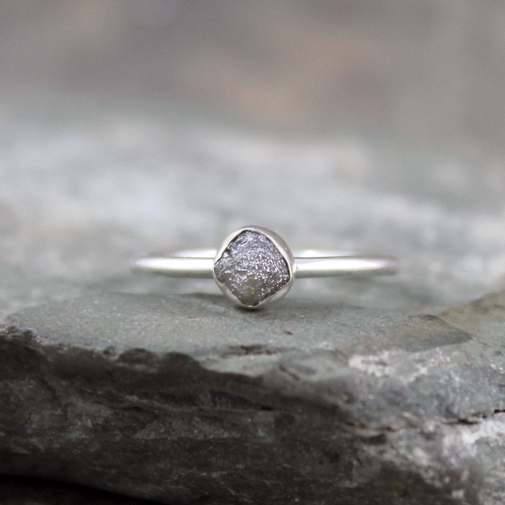 One Carat Rough Diamond Solitaire Ring Bezel Set in Sterling Silver - Raw Diamond Engagement Ring - Stacking Ring - April Birthstone Ring