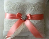 Wedding Ring Bearer Pillow Coral And Ivory Satin And Lace Ringbearer Pillow