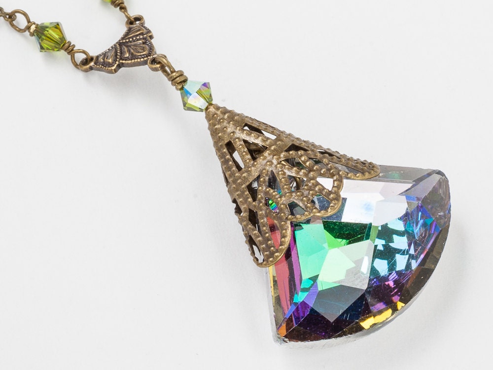 Handmade Jewelry Statement Necklace gold filigree leaf peacock blue red purple green Swarovski crystal briolette Neo Victorian pendant R1091