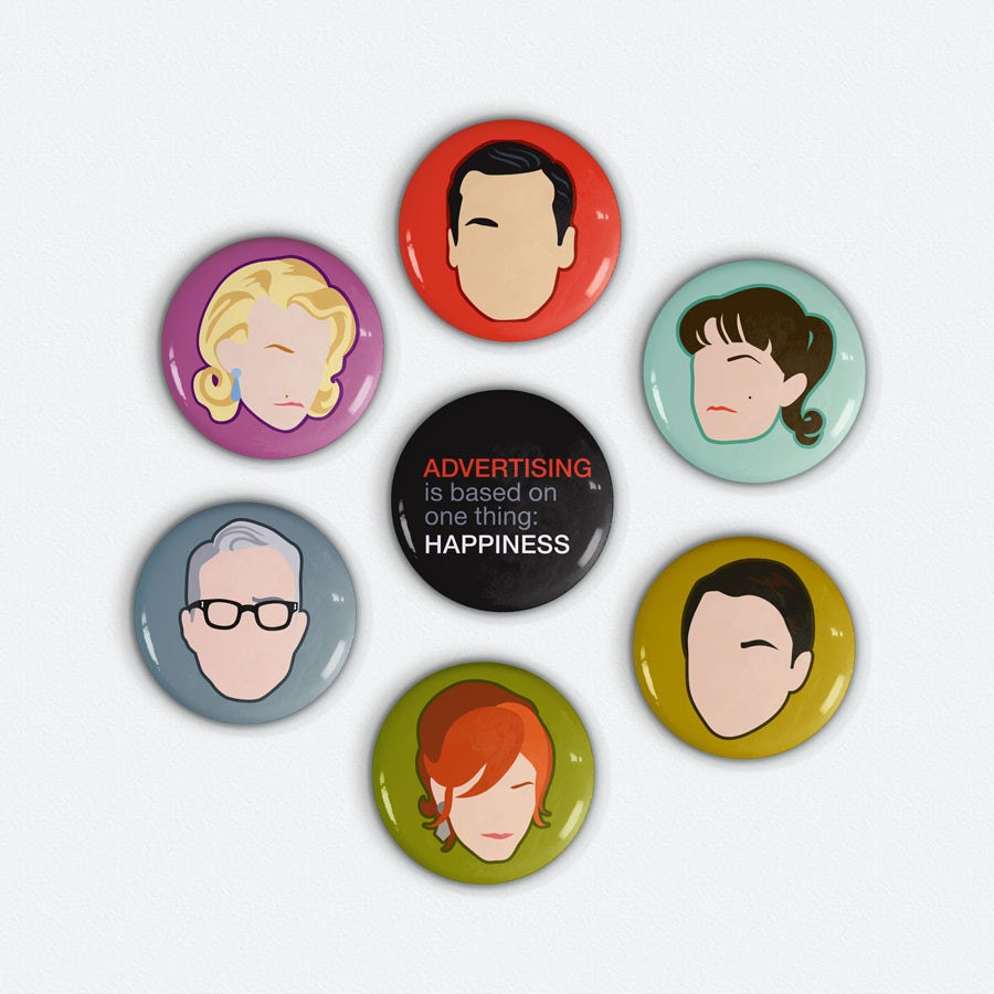 Mad Men inspired button Set of 7 original illustrated Sterling Cooper buttons Don Draper, Joan, Peggy and more