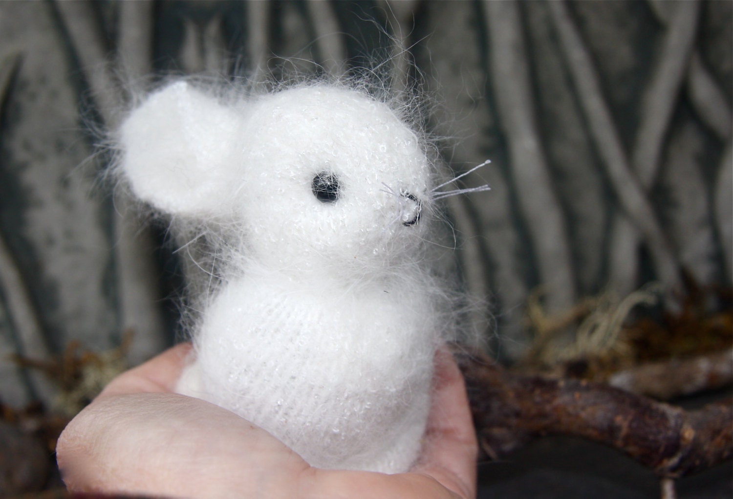 Fluffy white Angora Bunny eco friendly hand sewn embroidered needle felt weighted to stand. (woolcrazy)