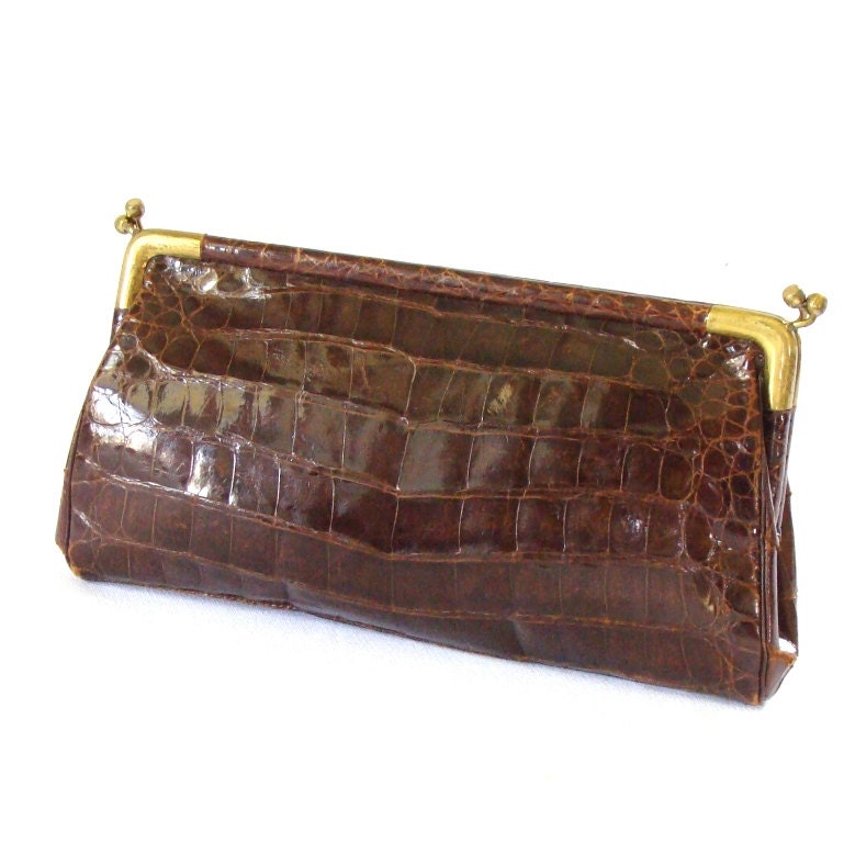 Vintage Mid Century  Croc Clutch With Brass Clasps
