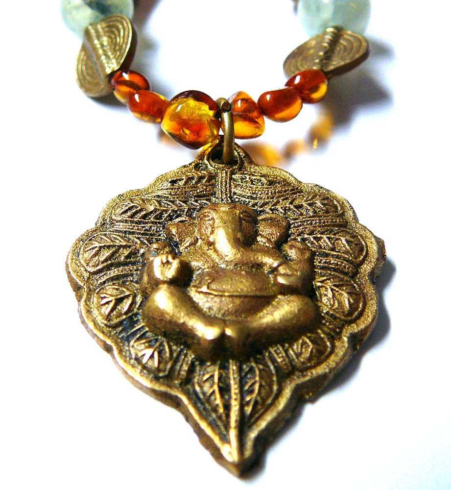 Lord Ganesha - Protection and Empowerment - Necklace / Amber, Prehnite, Crystal Quartz