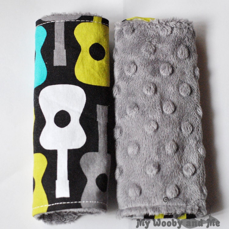 Car Seat Strap Covers - Groovy Guitar Lagoon - Gray Minky Dot - Reversible - READY TO SHIP