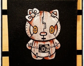 Hand Painted Robo Hello Kitty on mini canvas - 4 x 4 x 1 Gallery Wrap - HelloCity