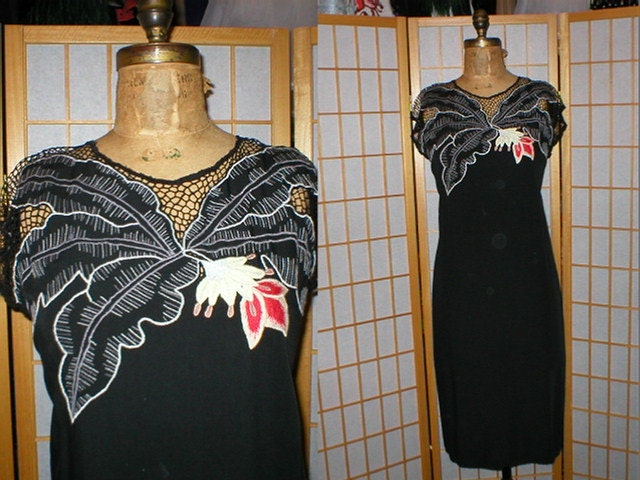 Vintage 90s mesh / embroidered black rayon festival dress women's size medium / large
