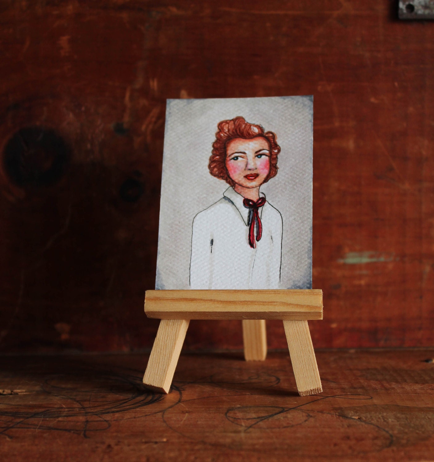 1940's school girl painting portrait by Julie Tillman ACEO ATC small art tiny art