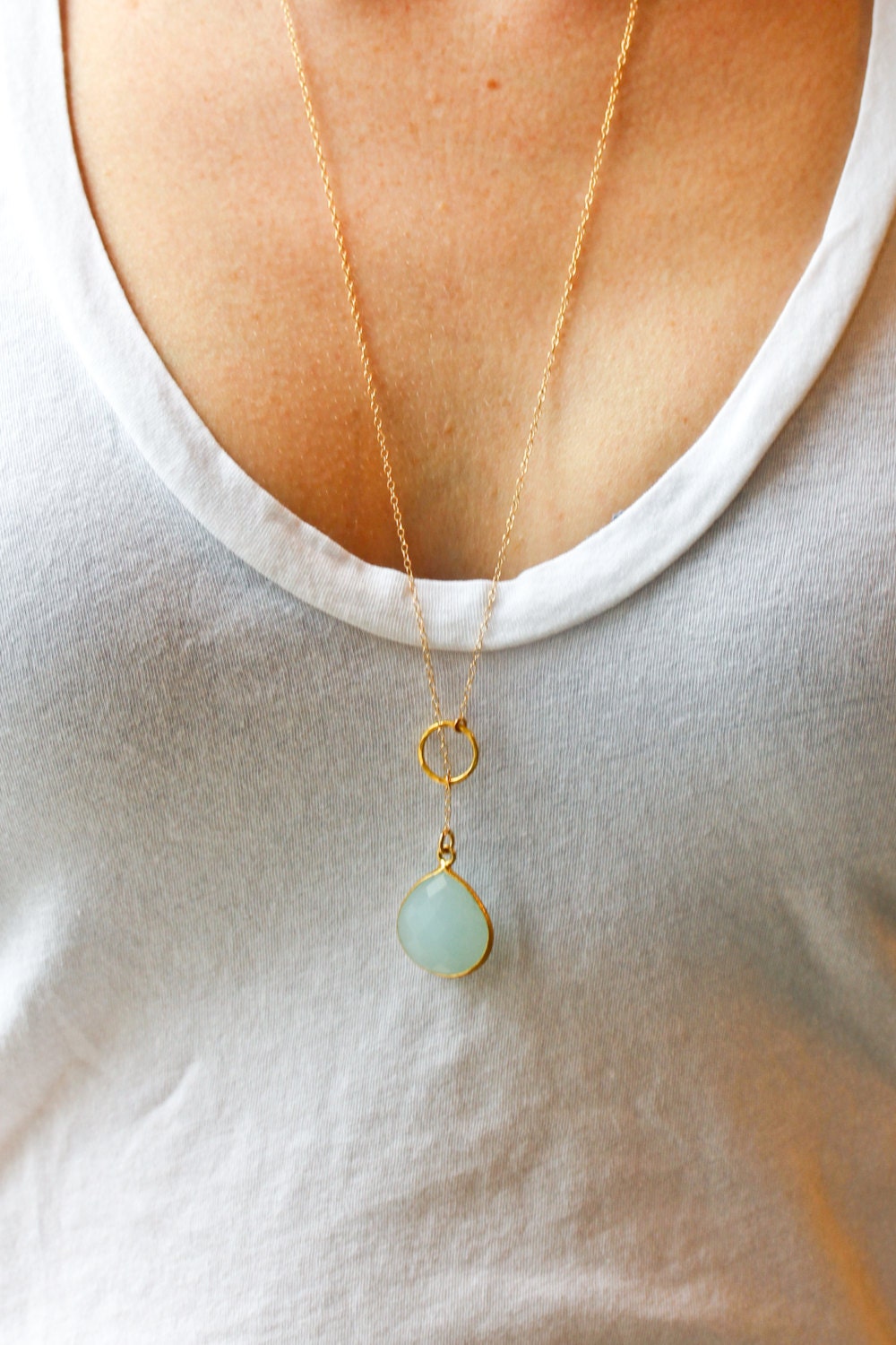 Long gold necklace - long lariat necklace - blue stone necklace - gold jewelry - chalcedony necklace - Sea and Cake jewelry