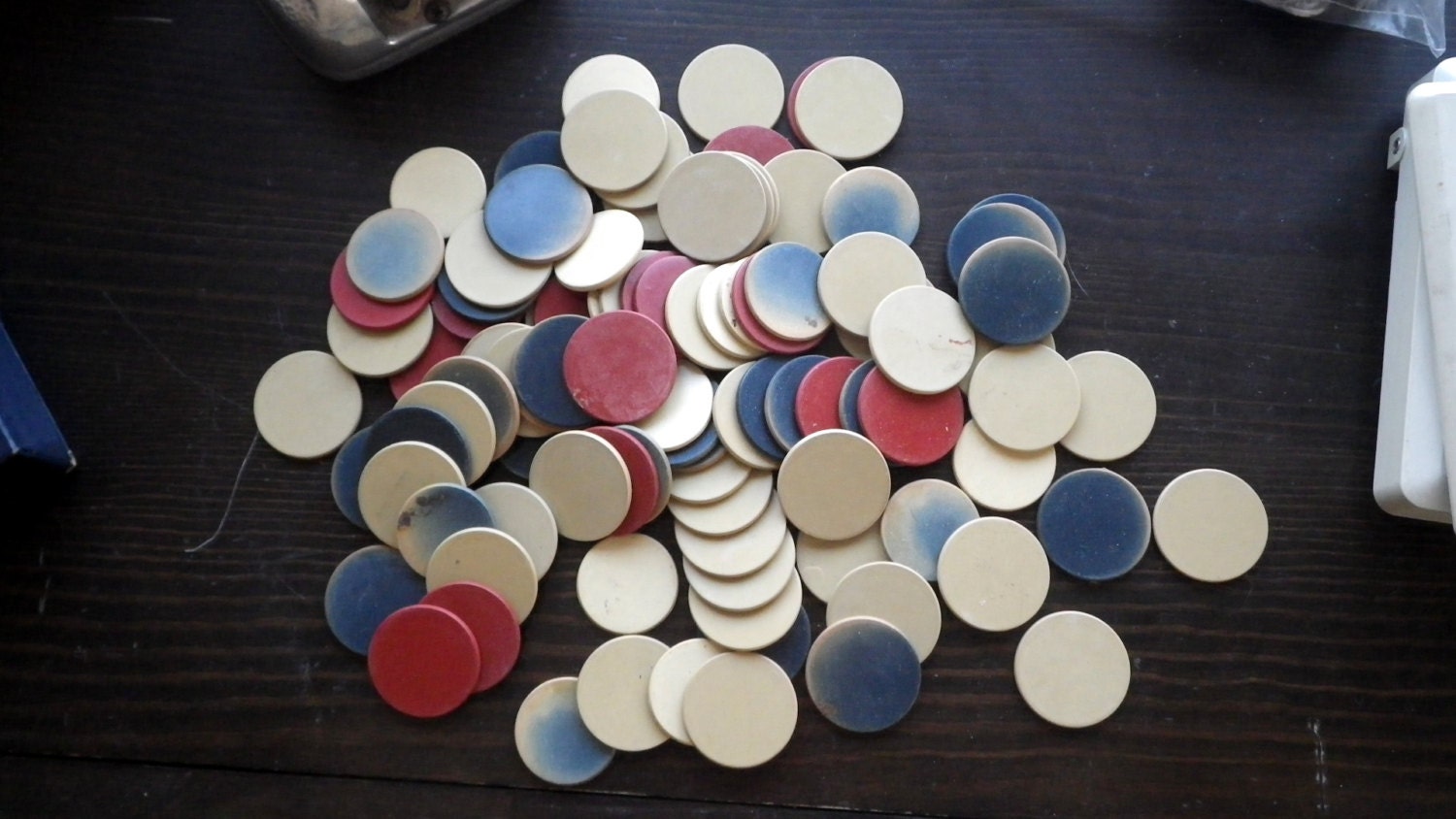 VIntage Clay Poker Chips - White Red and Blue