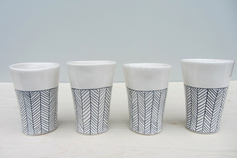 Porcelain Herringbone Cups in Black and White