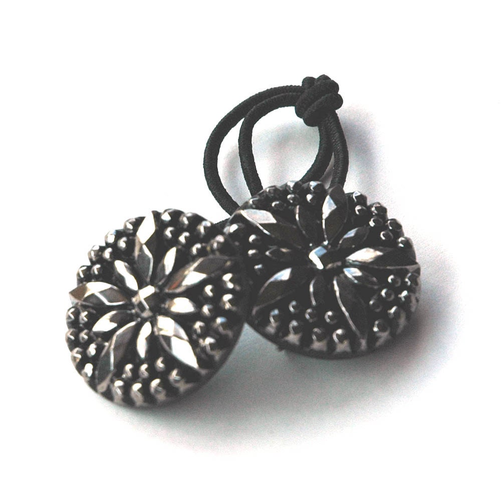 Ponytail Holder Hair Accessory - Silver Starburst Pattern, Vintage Glass Buttons