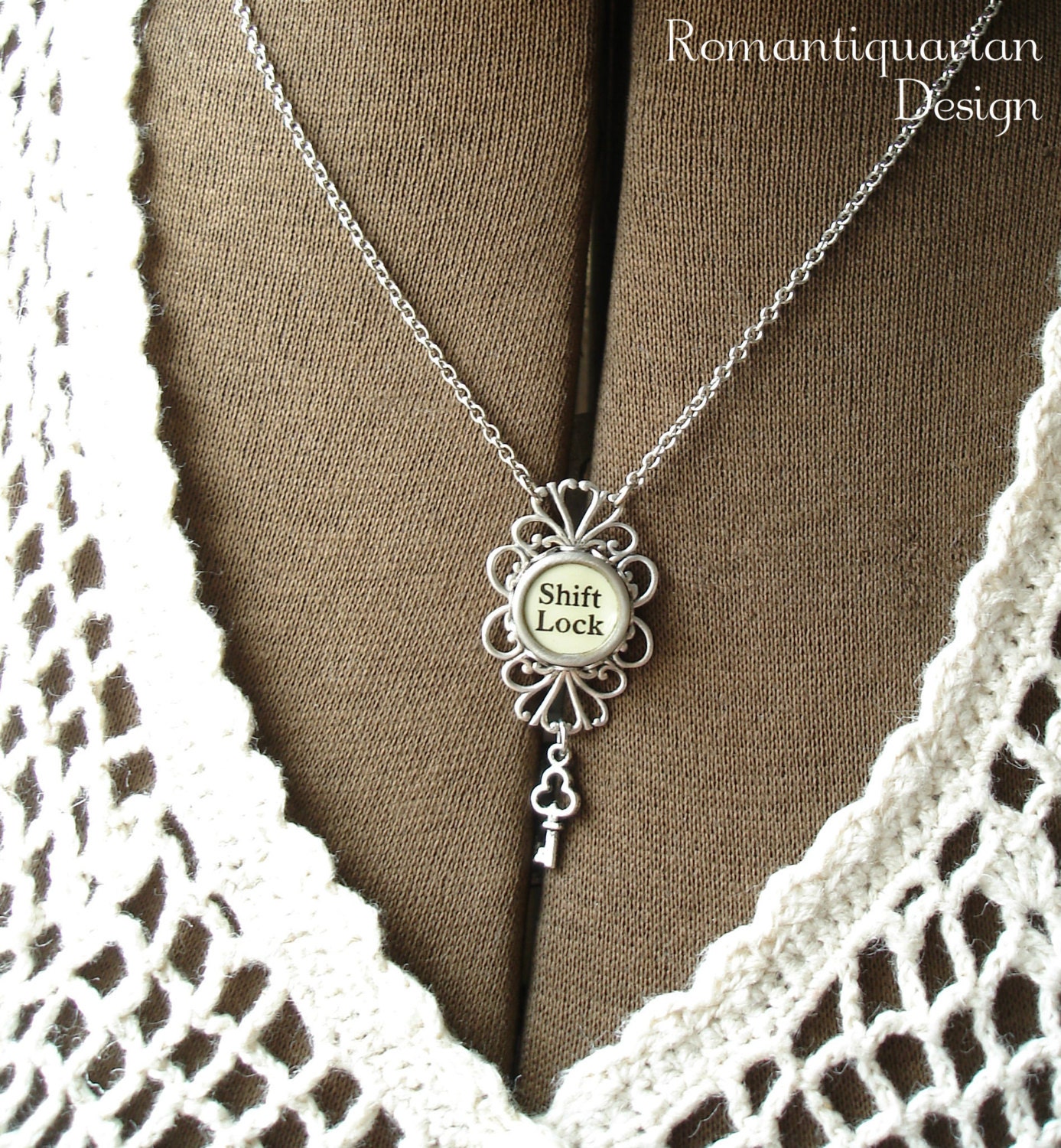 Typewriter Key Jewelry - Cream SHIFT LOCK Necklace. Vintage Typewriter Key Necklace. Antique Silver Skeleton Key Charm. Upcycled Jewelry.