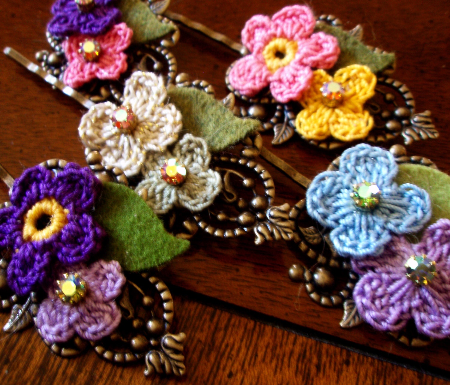 Hair Pin - Tiny Crocheted Flowers and Austrian Crystals - Antiqued Brass Fancy Vintage Style Hair Accessory