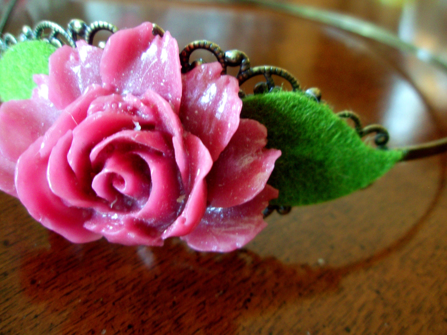 Headband - Rose Pink or Light Yellow Resin Rose - Filigree Antiqued Brass Metal Headband - Prom, Wedding, Party Hair Accessory