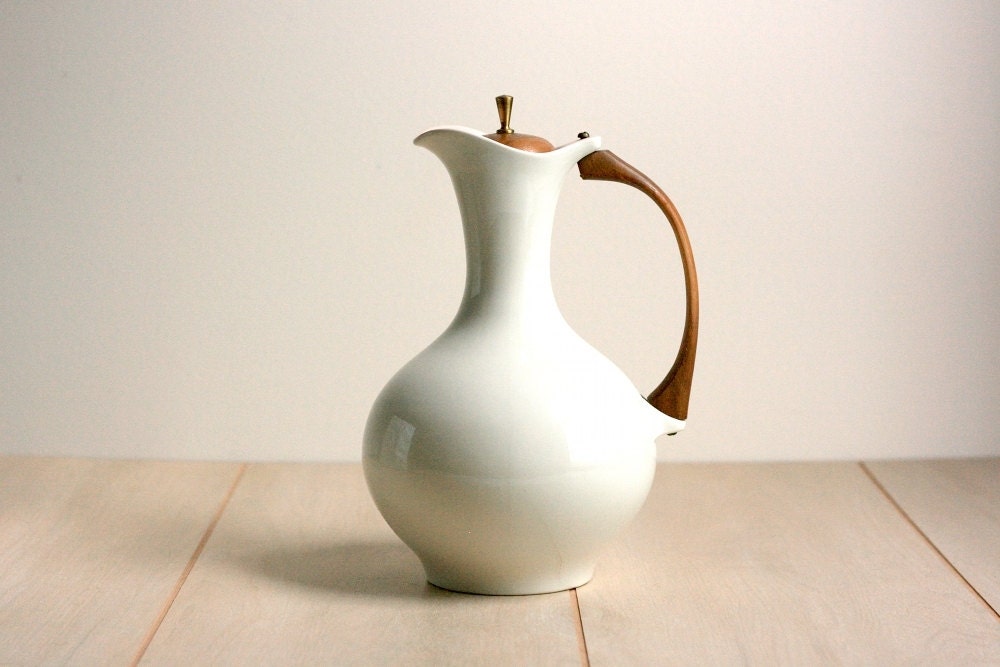 Mid Century Ceramic Pitcher with Teak Wood Handle - WiseApple