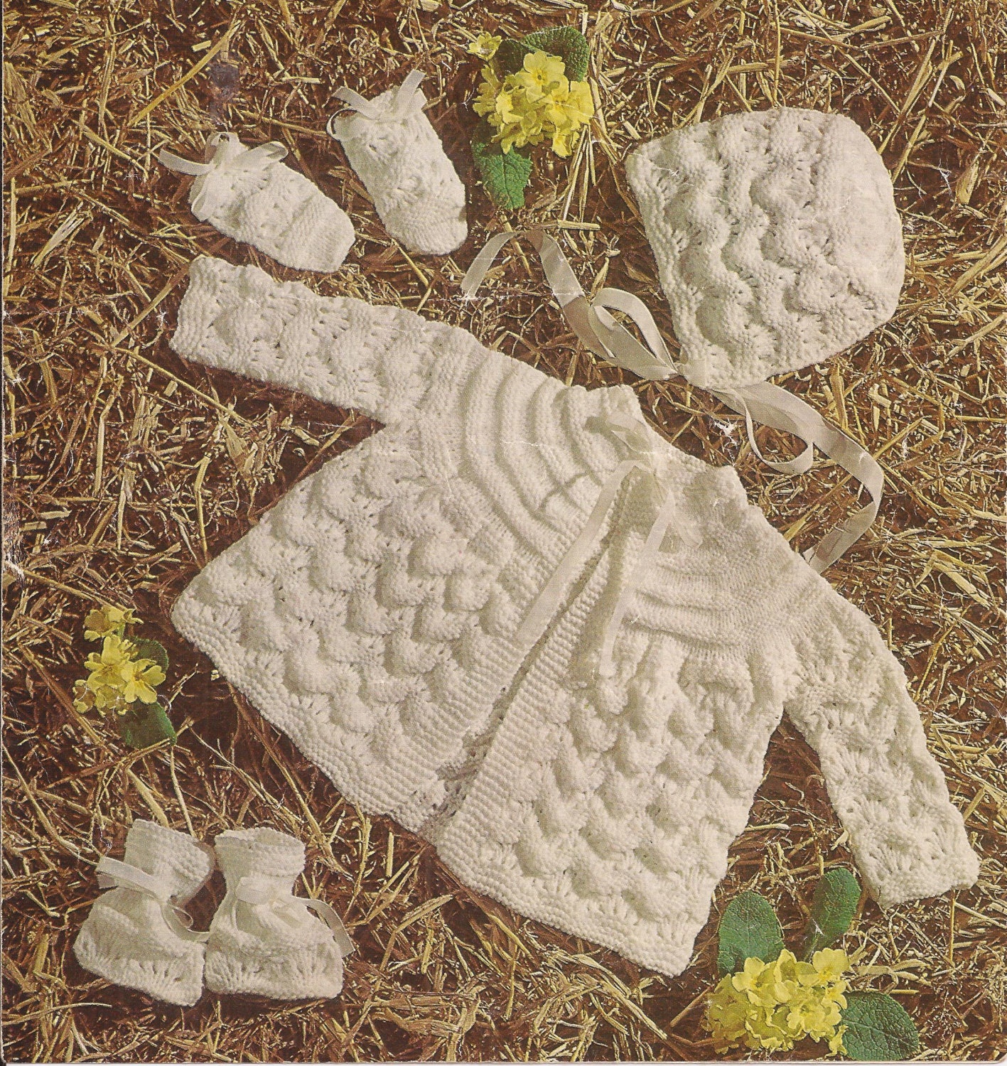 Babys Angel/Matinee Coat/Jacket/Cardigan, Bonnet, Bootees and Mitts Knitting Pattern PDF (KY174)
