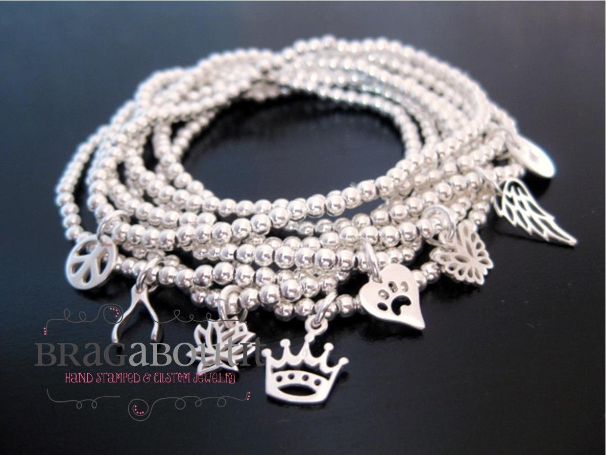 Hand Stamped Jewelry - Personalized Charm Bracelet - Sterling Silver Beaded Bracelet -   Little Charmer