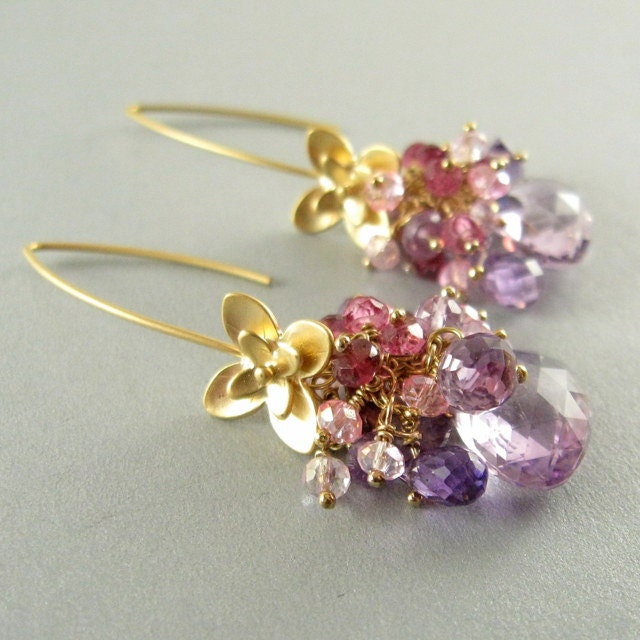Pink Amethyst, Pink Tourmaline, and Pink Topaz Gold Filled Earrings