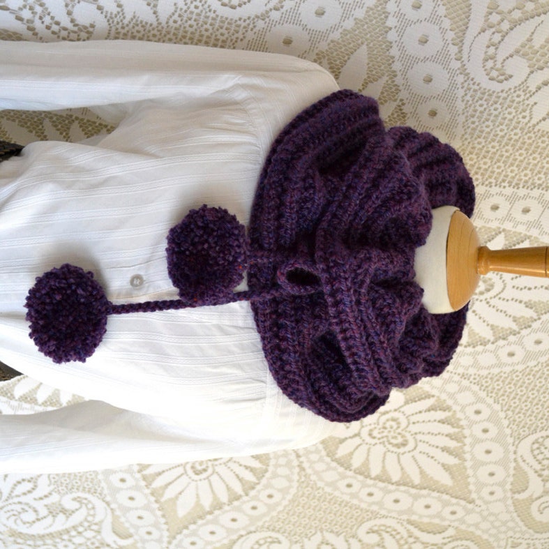 PomPom drawstring cowl in Damson - by ACrookedSixpence - READY TO SHIP