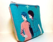 Medium Zipper Pouch  Cosmetic Pouch Toiletry Bag  Retro Ladies in Turquoise and Salmon