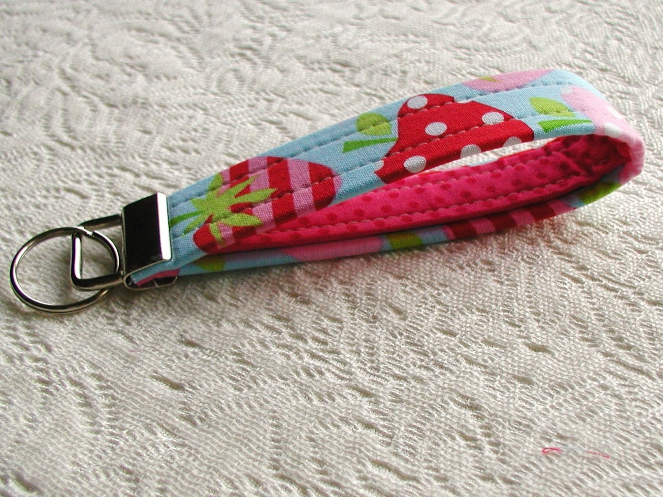 Keyfob Wristlet Fabric Keychain... Strawberries in Aqua