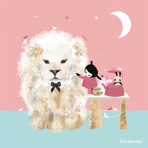 Children Art Print Nursery Lion - 'Tea Party for Hugo'