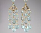 Sea Foam Chandelier Earrings Aqua Chalcedony Gold Vermeil Bezel Set Luxury Spring Fashion Long Dangle - Riley