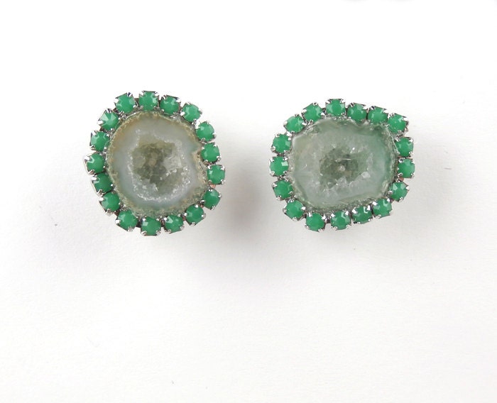 Tabasco Geode Stud Earrings Green Geode Druzy Slice Earrings Gemstone Look Bezel Stud Post Earrings Sterling Silver - Liandra