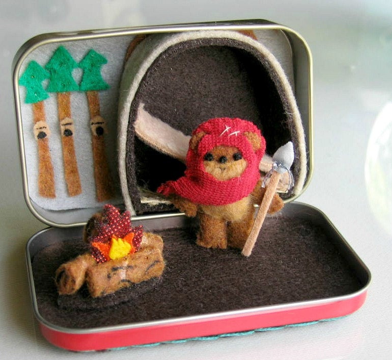 Ewok miniature plush Star Wars character playset in Altoid tin with bed campfire and spear