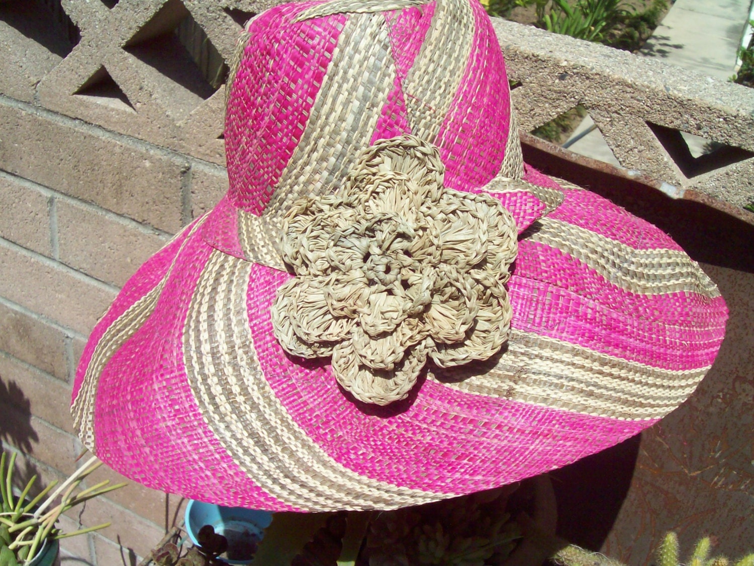 Bright & Beautiful Fushia Pink Striped  Summer Hat with Crocheted Straw Flower