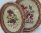 Pair Vintage Needlepoint Framed Pictures Pansies Roses oval set of two
