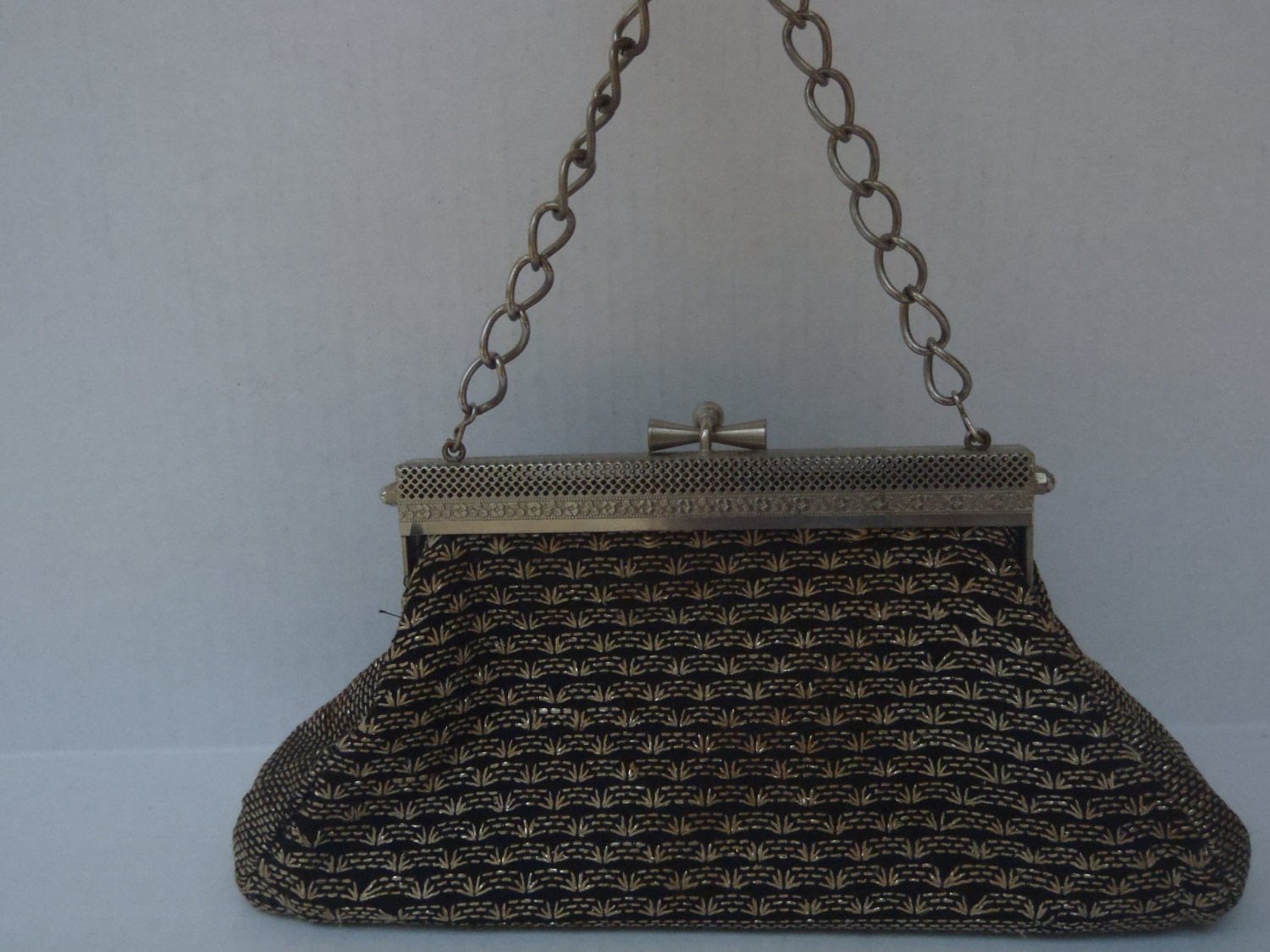 Vintage Purse Black and Silver Decorative Metal Frame and Chain handle