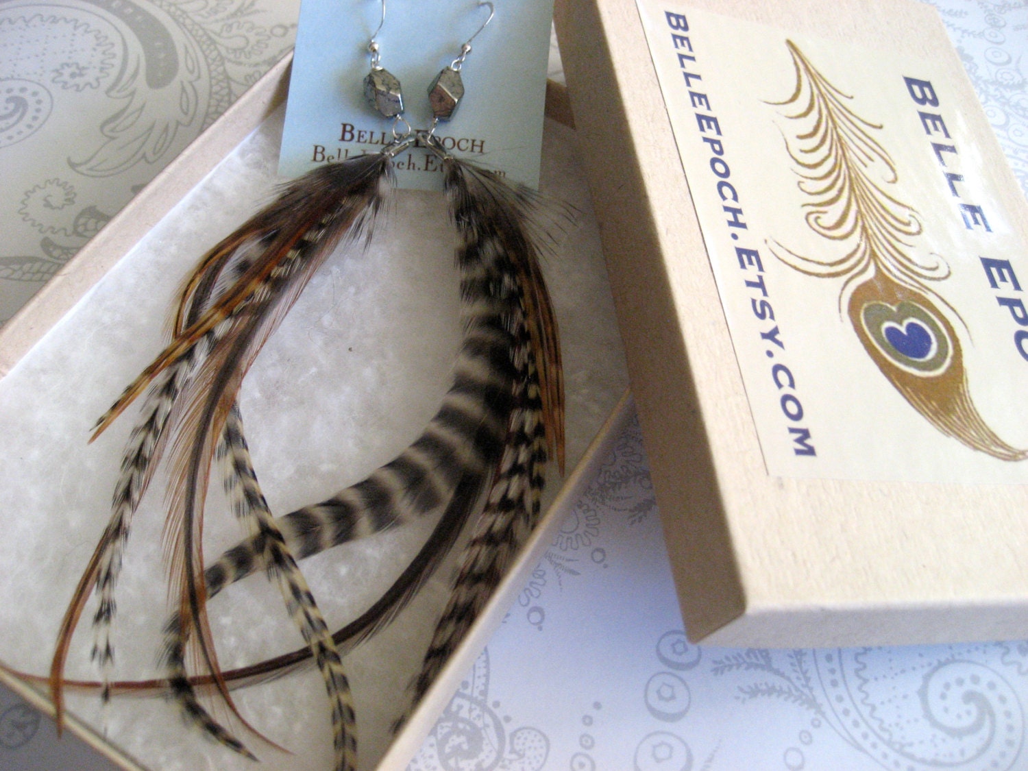 Dahlia Feather Earrings - extra long hair extension earrings with auburn brown, grizzly feathers, and gold pyrite