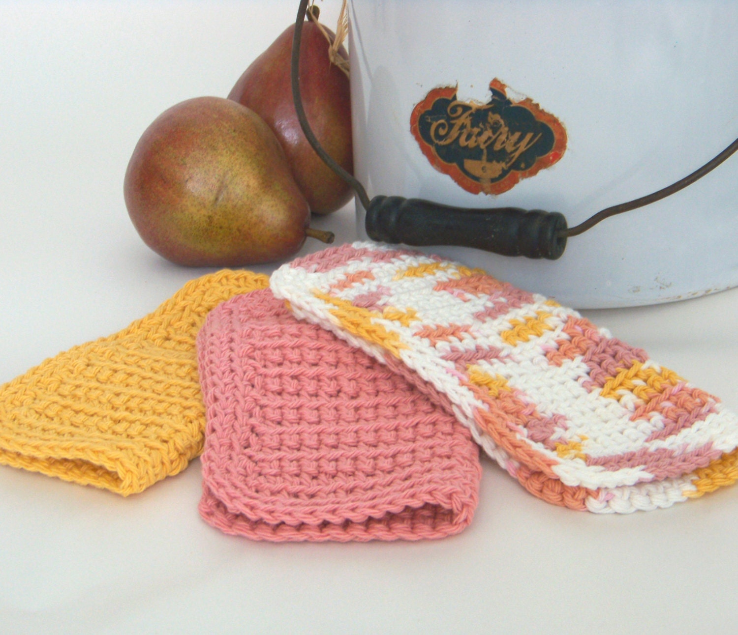 Cotton Wash Dish Cloths -Pink, Gold, White - Crocheted 3 Piece Set