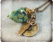 Turquoise and trinkets. Necklace. Vintage transit token, key, brass. Rustic, bohemian jewelry.
