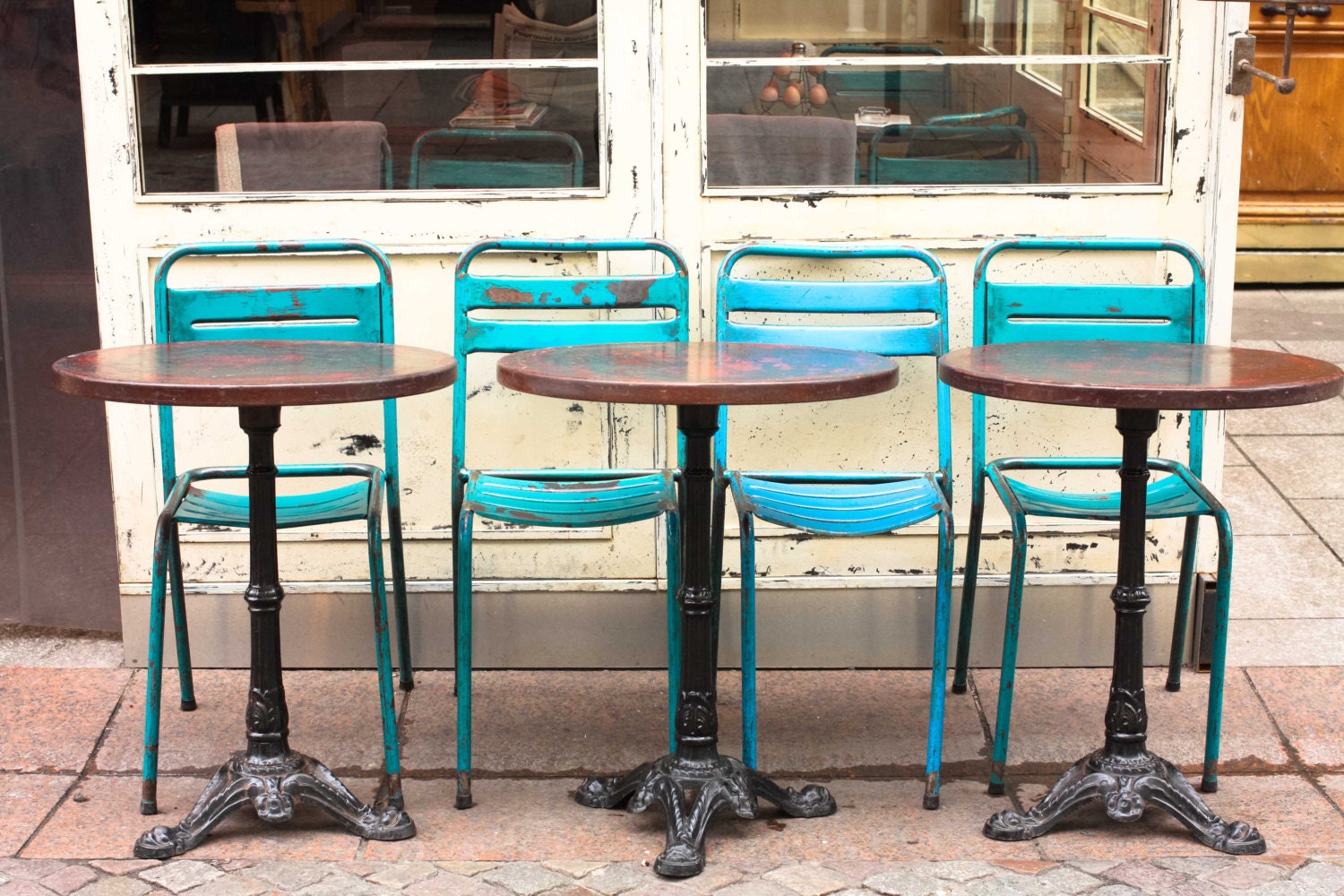 Paris Photography - morning cafe break in Paris - 8x10 Fine Art Photograph - french home decor - turquoise cafe chairs