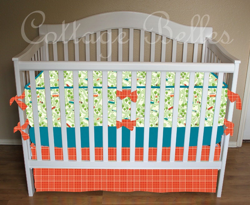 Custom Crib Bedding Set - Wheels 1 -  Bumpers,  Sheet, Skirt  by Cottage Belles