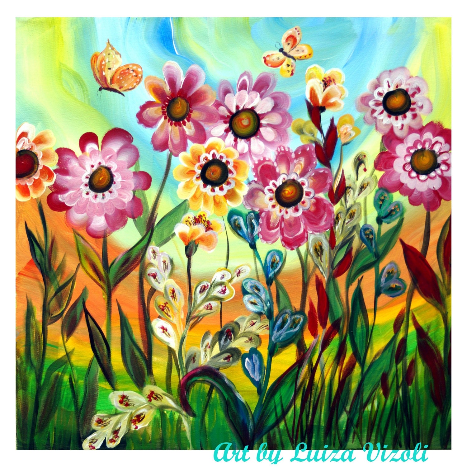 Children Whimsical Painting,Kids Wall Decor, Kids Wall Art, Baby Room Decor, Nursery Art Flowers,Butterflies,Spring